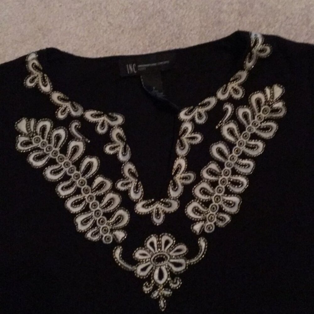 INC International Concepts Embroidered Gold DRESS Stretchy Flattering Petite - Picture 3 of 6
